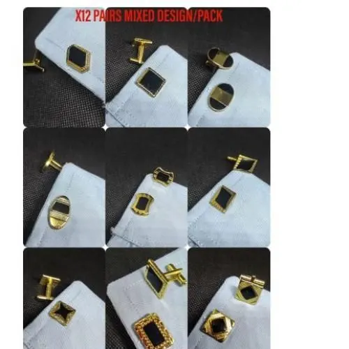 12 Pairs Men's Black & Gold Cufflinks - Copper Material, Classic Design